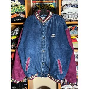 Vintage 90s RARE Starter Denim Quilt Lined Bomber Jacket